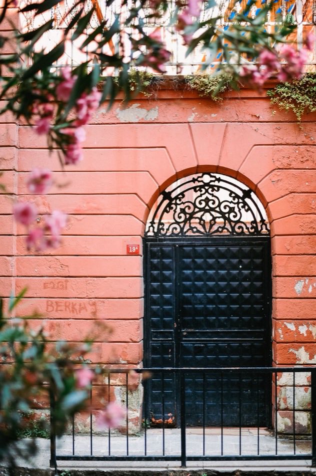 A black metal gate set into a garden wall