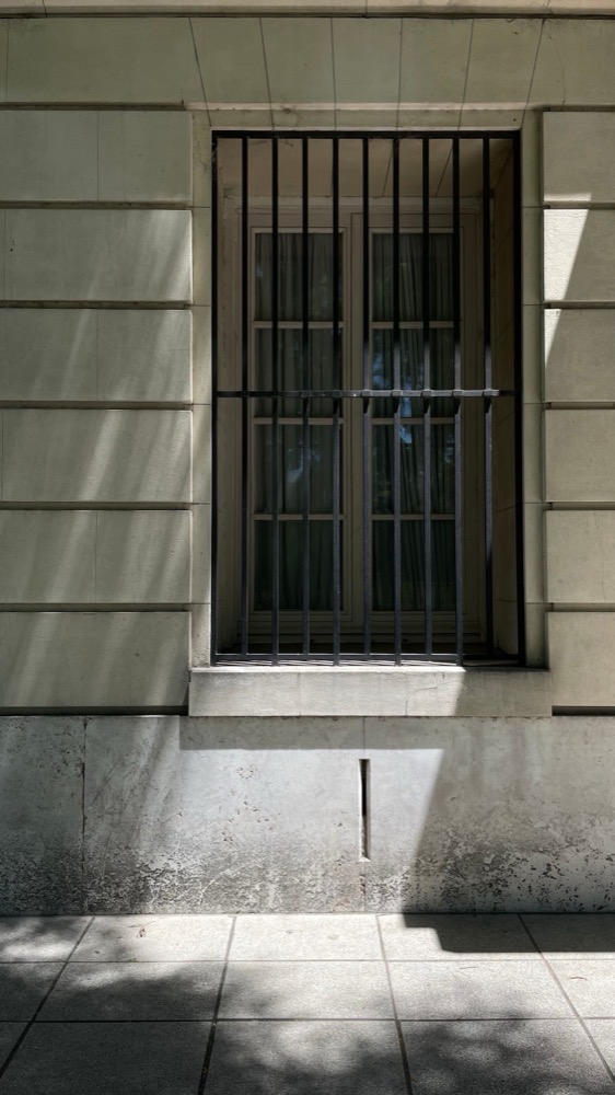 Black metal security bars fitted to a building window